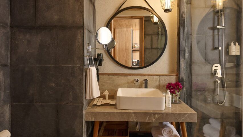 Modern bathroom with a basin, circular mirror, and enclosed shower area - Royal Tulip, Chitwan