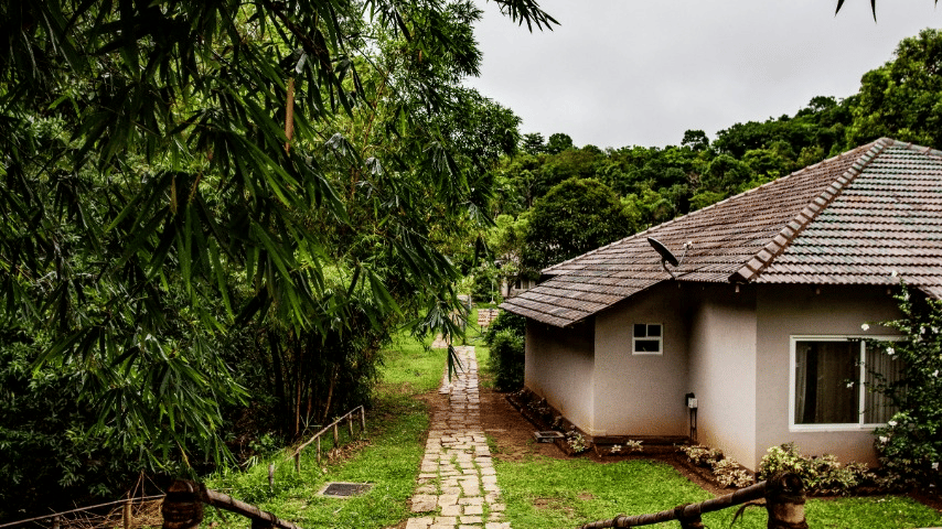 A charming cottage with a stone pathway, surrounded by lush greenery and trees.- Abad Brookside Lakkidi, Wayanad