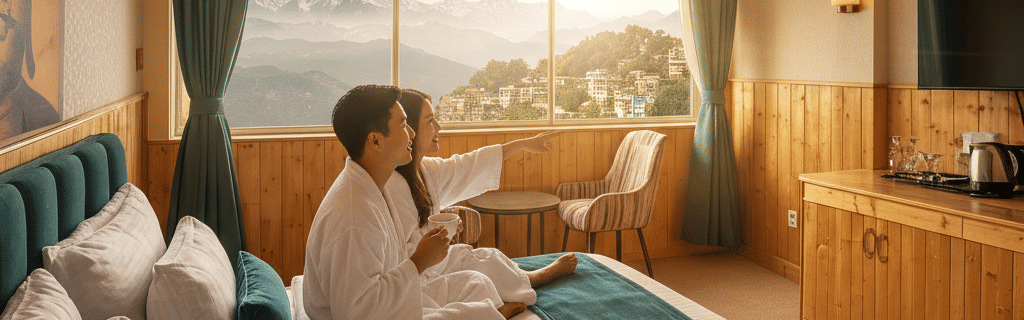 A young couple sitting on a bed in a luxurious Darjeeling hotel room, enjoying a cup of tea while pointing out to a breathtaking sunrise view of the snow-capped Kanchenjunga mountains and the clouds from a large window.