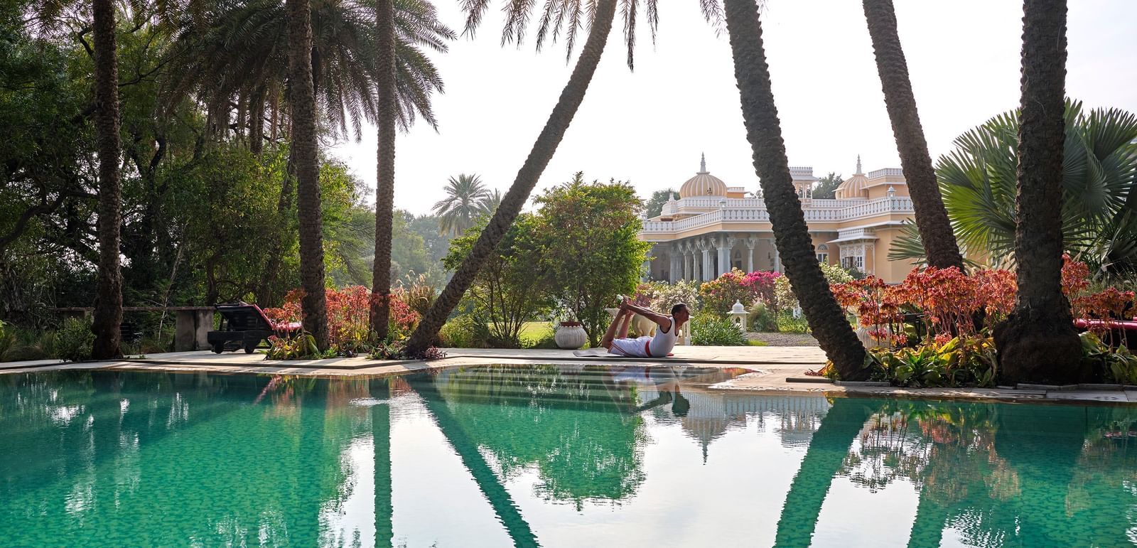 image featuring a calm swimming pool surrounded by towering palm trees at dev shree, deogarh