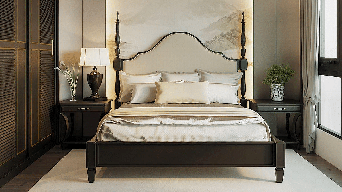 A room featuring a front view of the bed, with bedside tables on either side and windows to the sides at The Evren, Vagator.