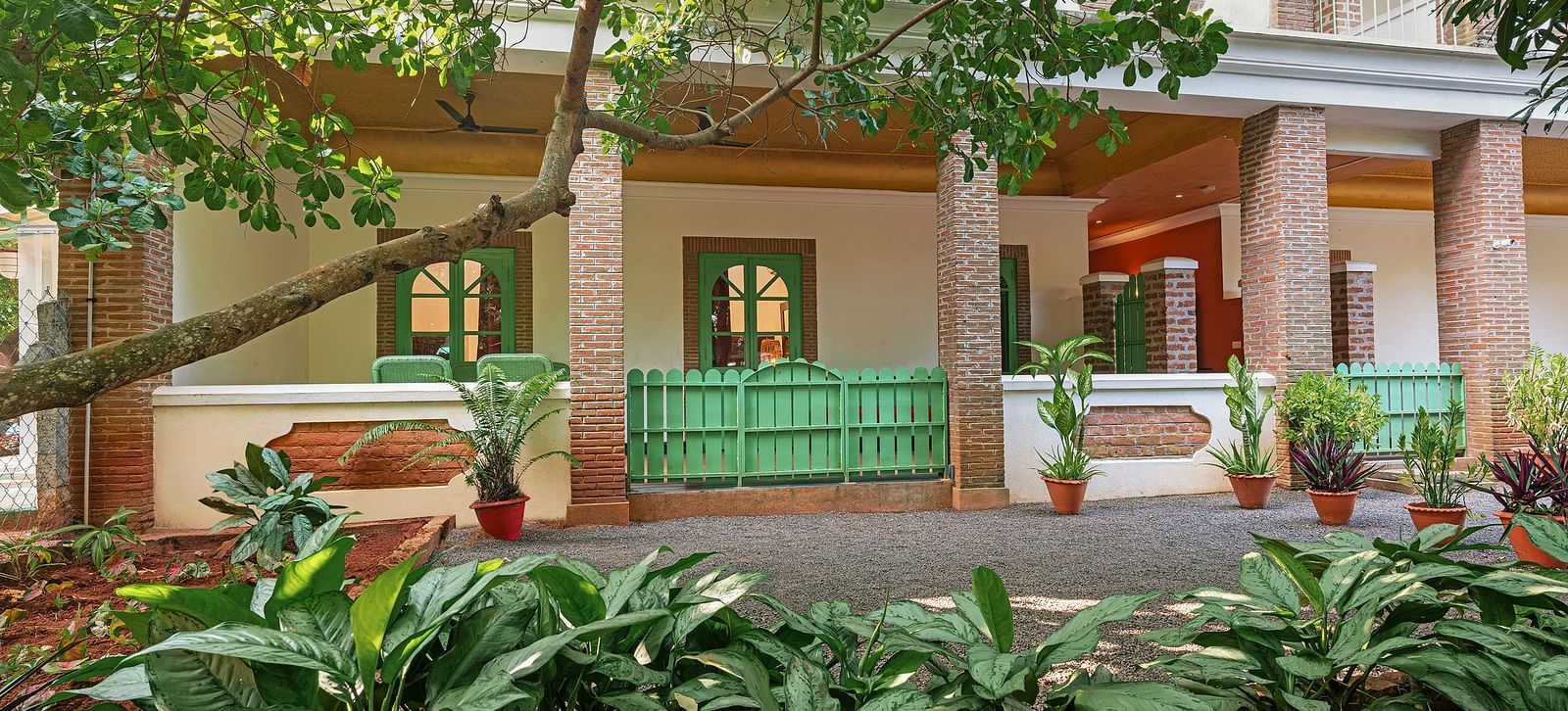 Entrance to a building with a small green coloured gate and trees in view | Mango Hill, Pondicherry