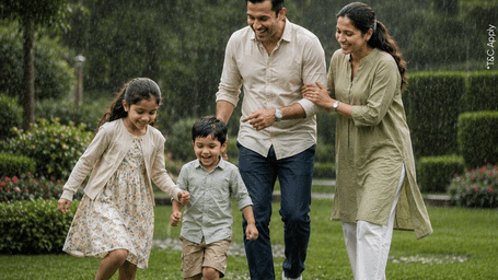 Family enjoying a peaceful holiday at a Lords Hotels & Resorts destination surrounded by lush greenery.