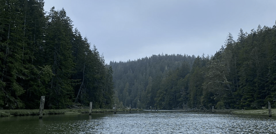 A large lake with mountain views