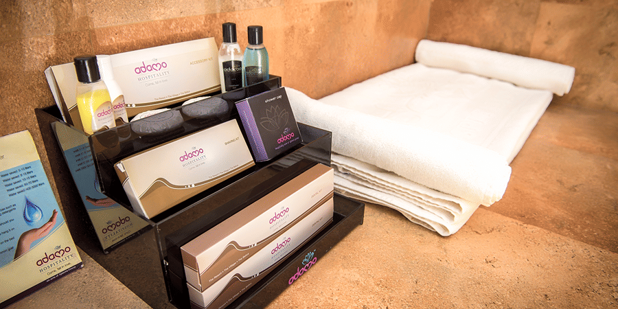 A amenities kit with towels at the Regency Deluxe room of the hotel.