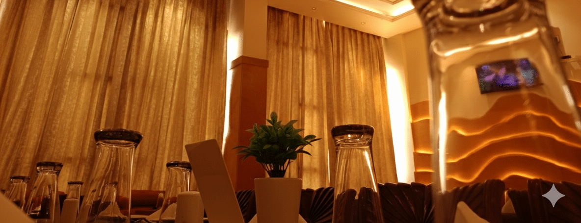 Close view of the restaurant at Hotel Gold, Panipat showing tables, chairs, and ceiling lights.