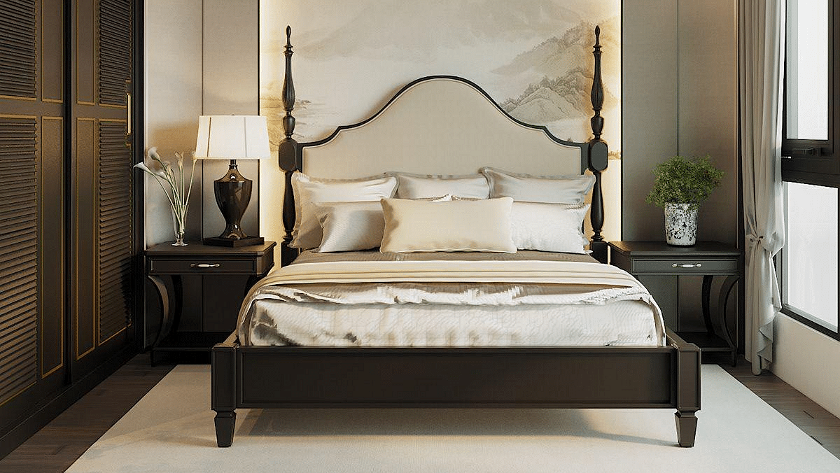 A room featuring a front view of the bed, with bedside tables on either side and windows to the sides at The Evren, Vagator.