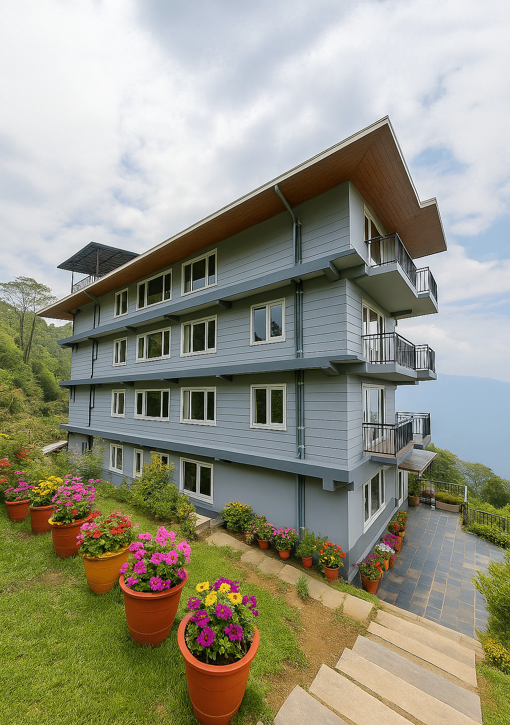  The Summit Enigma Resort & Spa, a multi-story building with balconies, stands on a hillside, surrounded by lush green lawns and colourful potted flowers.   Sources