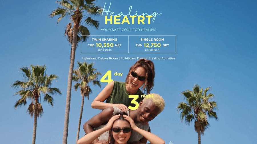 Promotional creative for the 4-day and 3-night Healing Heart retreat at Natai Beach Resort, offering stays in twin sharing and single rooms with full board dining and healing activities. 