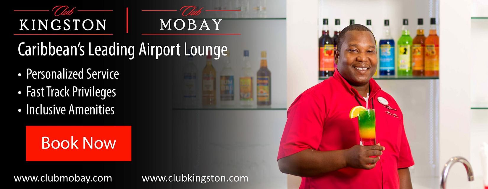 A smiling man in a red shirt holds a colorful drink, advertising Club Kingston and Club MoBay airport lounges
