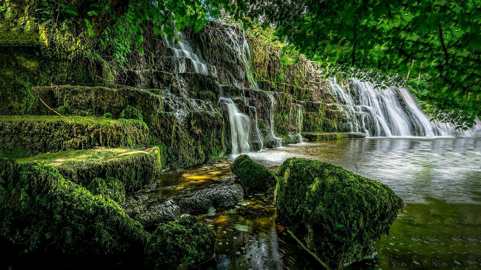 Scenic tiered waterfall surrounded by vibrant green foliage.