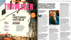 The image shows the Outlook Traveller cover and an article on Marasa Sarovar Premiere, highlighting its luxury, spirituality, and sustainability.