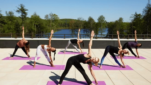A group of people practising outdoor yoga on yoga mats, stretching under clear blue skies with a scenic lake and trees in the background at YO1 Longevity & Health Resorts