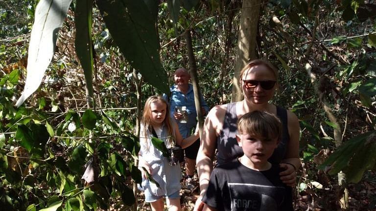 Family trekking through a dense jungle pathway.