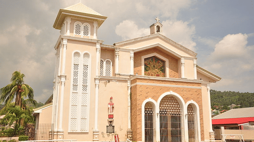 A building with a tall tower, arched entrance, and a statue in front, with a cloudy sky, and palm trees in the background.