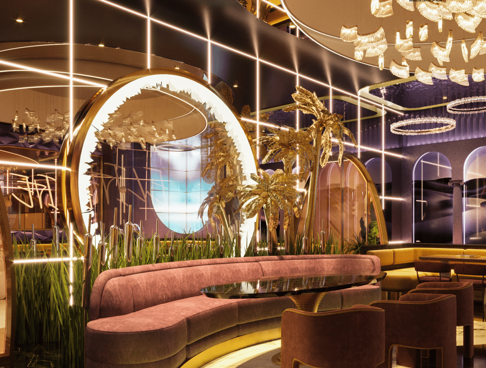 An image of a seating area with round table and sofas - Themis Barbecue House Ambala