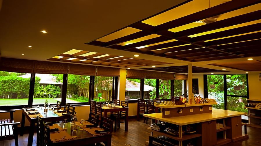 A full view of Restaurant with comfortable seating area with dim lights