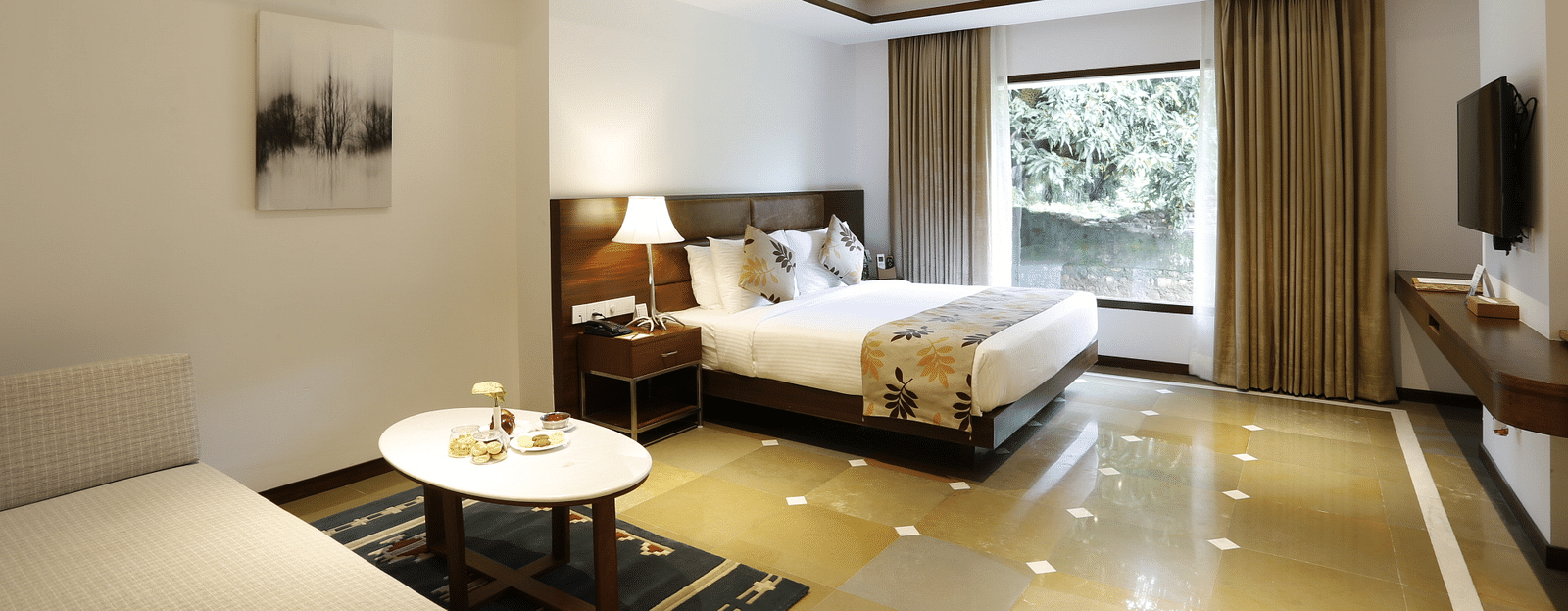 An image of a bedroom with king size bed, bedside table and lamp,  flat TV screen,  a cabinet , fan, and an open window - The Riverview Retreat, Corbett