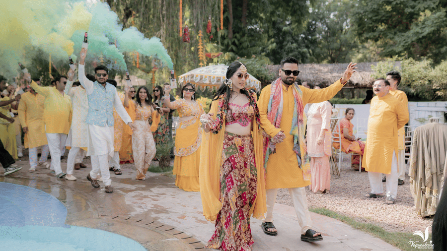 Lively haldi procession with guests dancing and celebrating at Umaid Palace
