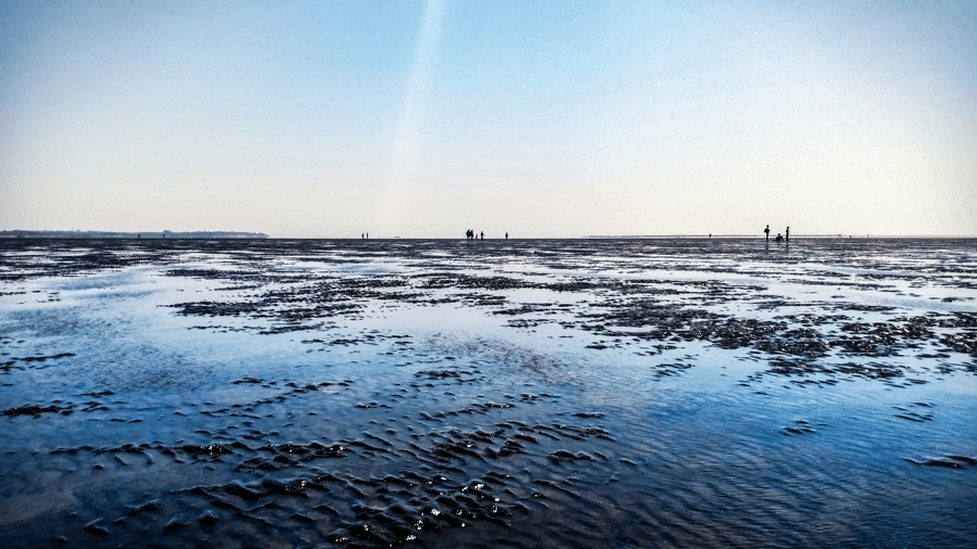 Expansive low-tide landscape at Jampore Beach with shallow water, reflective sand flats, and distant visitors walking along the coast