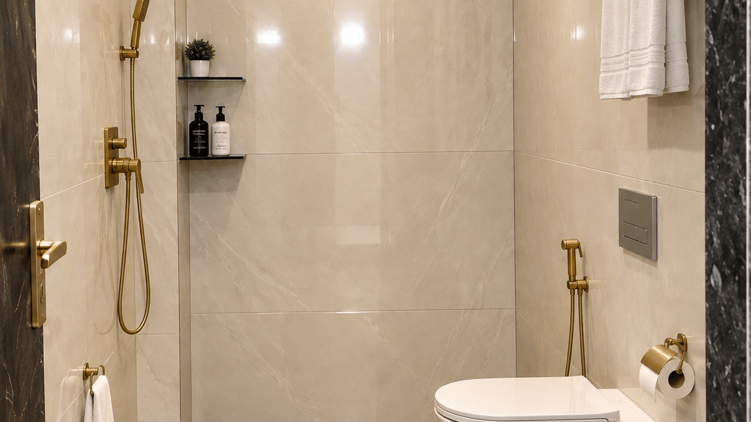 Bathroom with a glass-walled shower, brass fittings and light grey tiles.