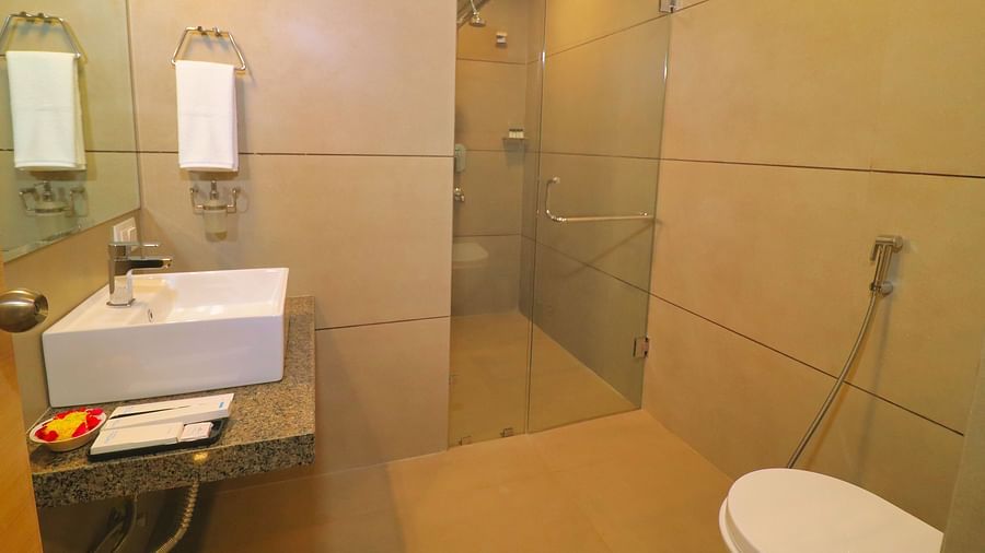 Image of the washroom of Premium Room with a sink and a toilet at Clarks Inn Express, Udaipur.