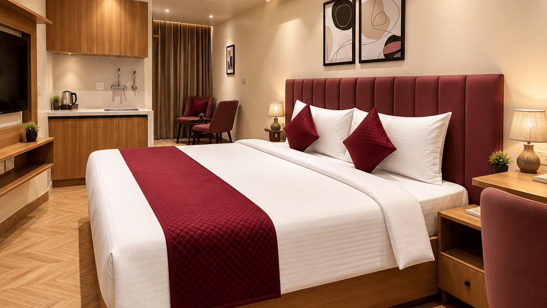A bedroom with a large bed, pillows, sheets, and a sofa.