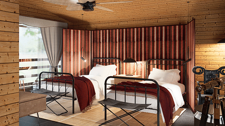 A bedroom with twin beds, a ceiling fan, a striped partition, and a window with curtains - Rhino and River BluSalzz Collection, Pobitora