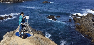 An artist painting on a rocky coastal cliff with the ocean waves crashing below, under a clear blue sky.