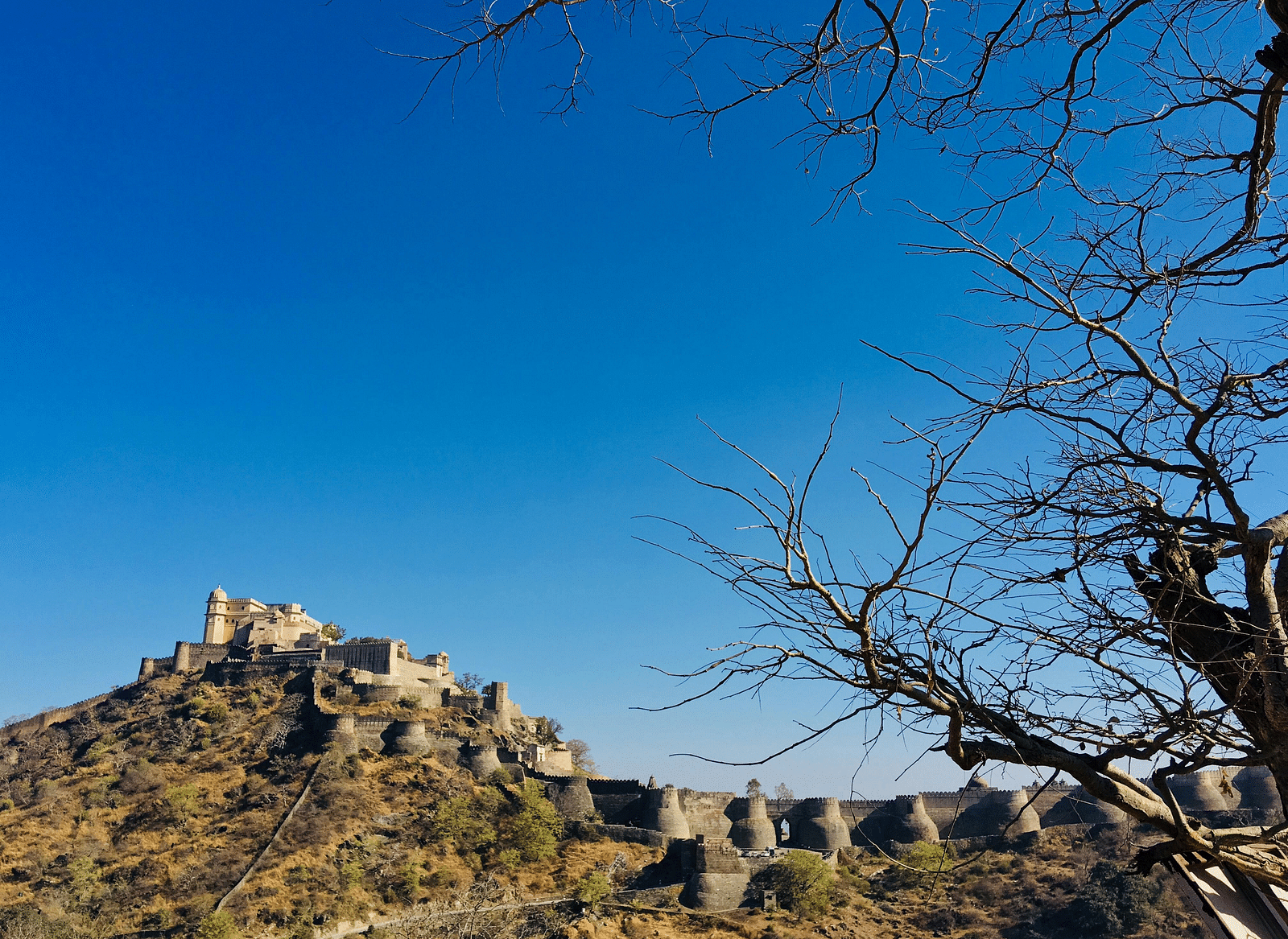 A fort with stone structure on a hilltop under a clear blue sky.