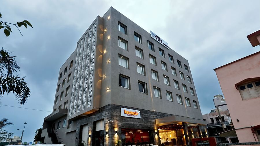 VITS Devbhumi Dwarka facade image taken from a lower angle with cloudy skies in the background