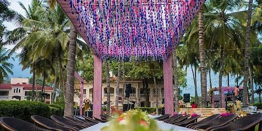 Floral-decorated canopy with vibrant purple and pink flowers, set up as an entryway to an outdoor event venue surrounded by palm trees - Black Thunder, Coimbatore