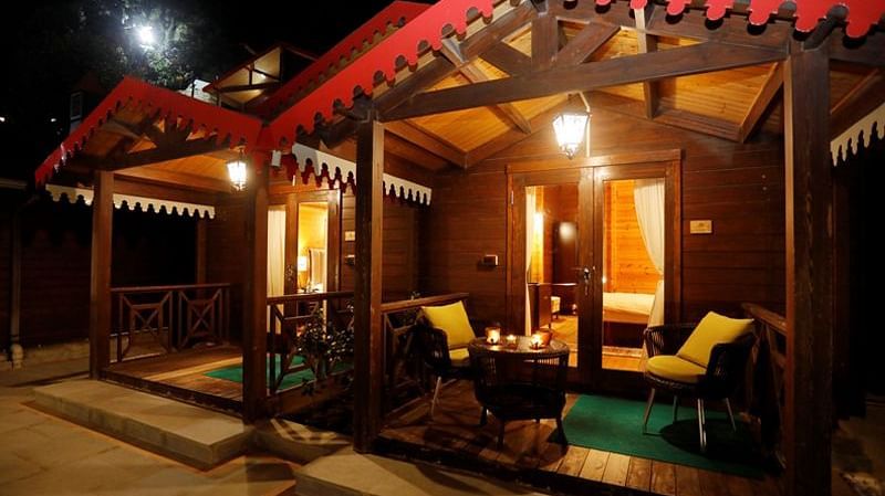 seating area with a red shed