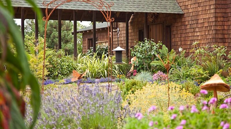 A sunlit pathway through a vibrant garden - Brewery Gulch Inn & Spa