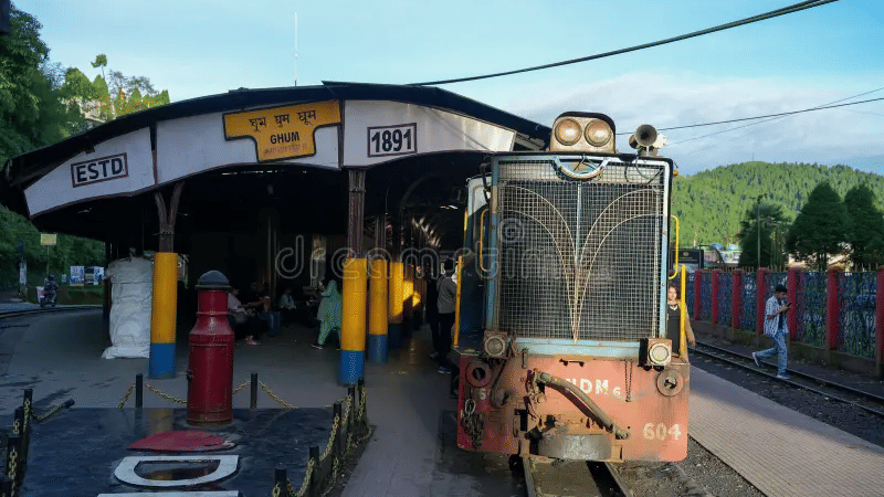 A toy train standing at Ghum Railway Station platform in Darjeeling.
