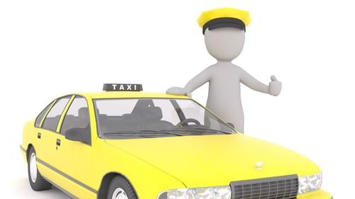 an animated image of a taxi driver next to a yellow taxi