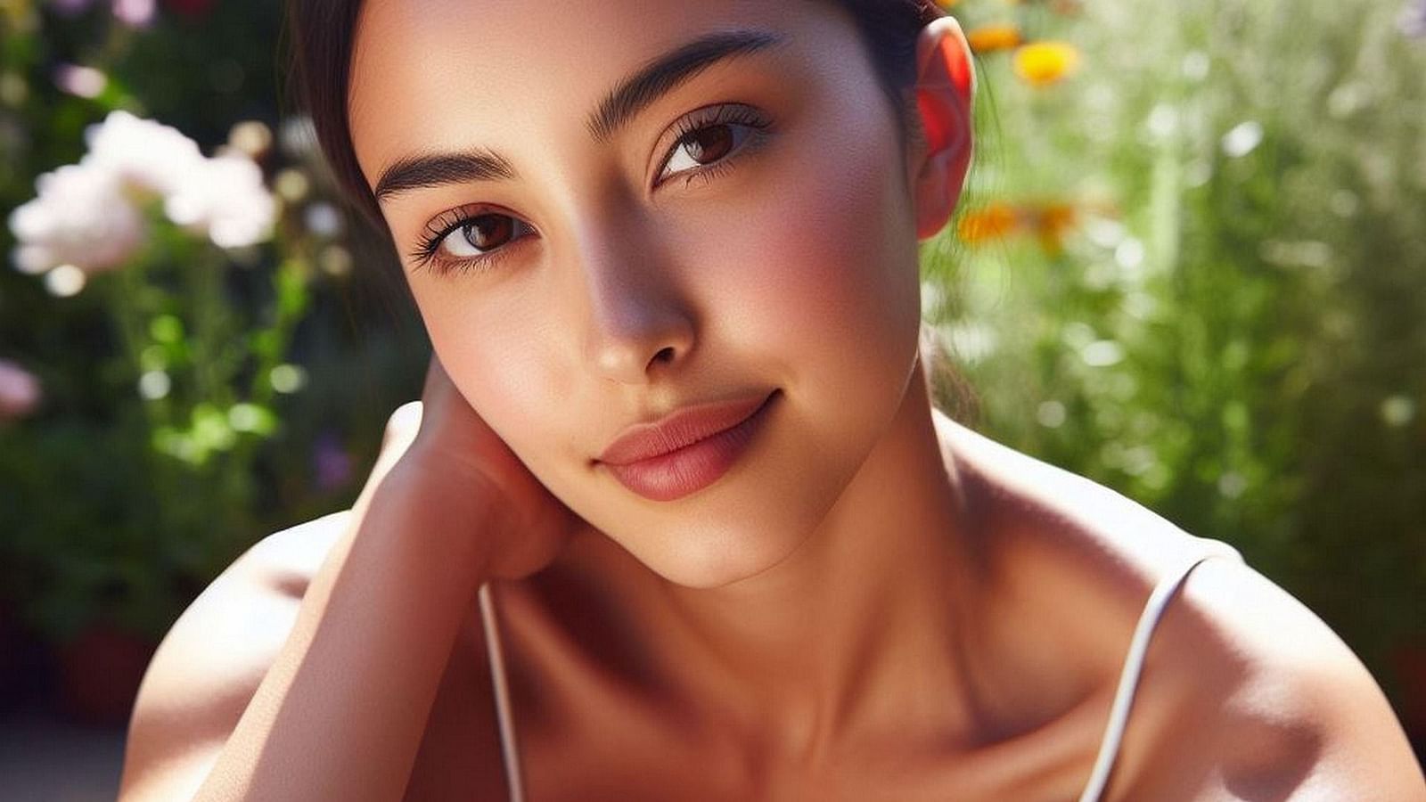 A woman with tied-back hair sitting with one hand behind her head, facing the camera, against a floral background