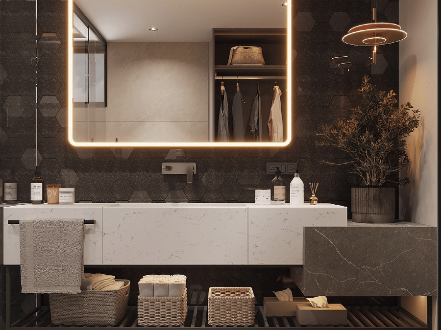 Contemporary bathroom at Ananta Elite Somnath with elegant fixtures, mirror lighting and refined interiors