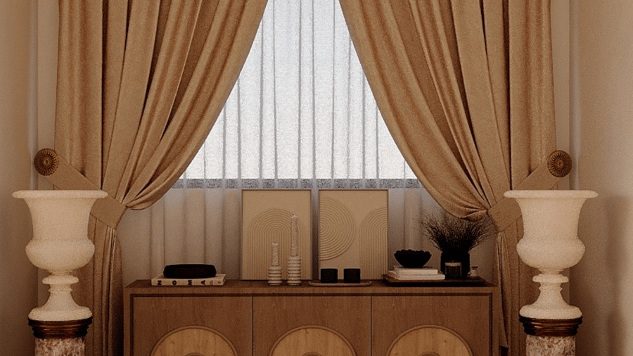 A wooden table with two large decorative vases on either side, positioned in front of a window with draped curtains
