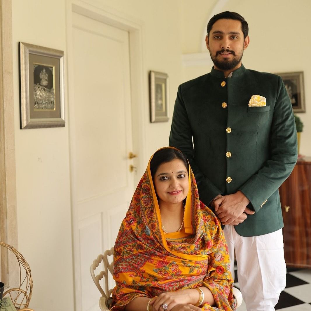 Mrs. Satkriti Singh & Mr. Devraj Singh Karansar posing for a photo in the corridor area of Dileep Kothi, Jaipur