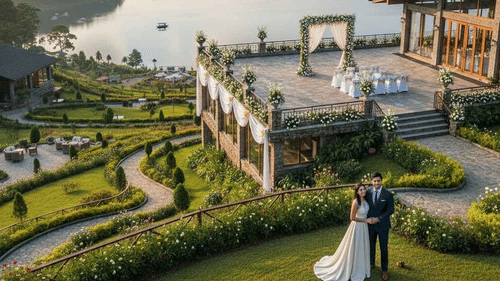 Hilltop resort terrace overlooking a wide lake at sunset, with manicured lawns and a couple standing near the edge.