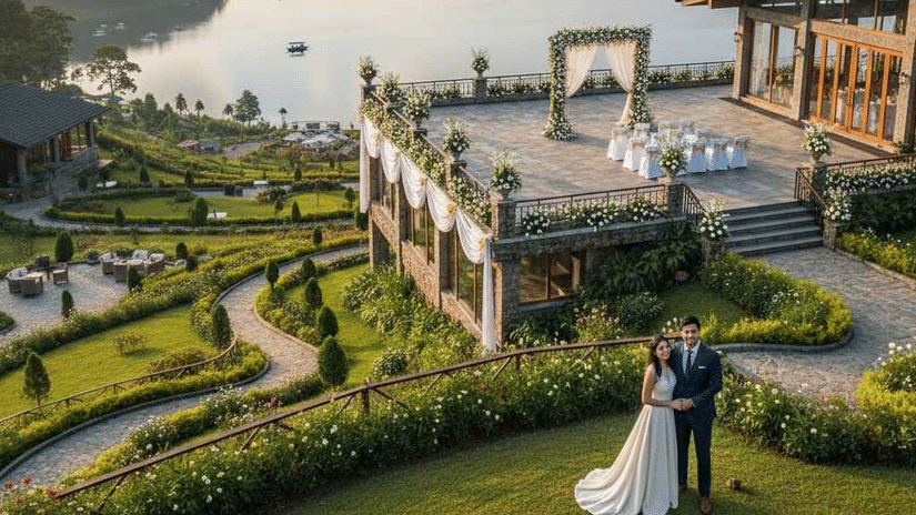 Hilltop resort terrace overlooking a wide lake at sunset, with manicured lawns and a couple standing near the edge.