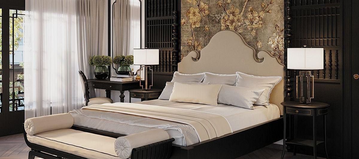 A spacious room with a diagonal view of the large bed, and a large window to the side at The Evren, Vagator.