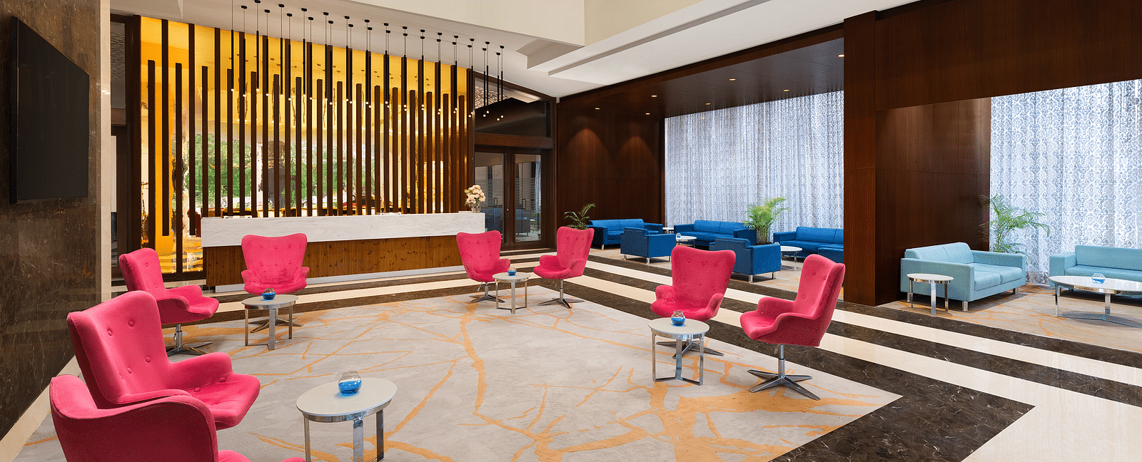 Seating arrangement inside the Lobby area of Essentia Luxury Hotel, Indore.