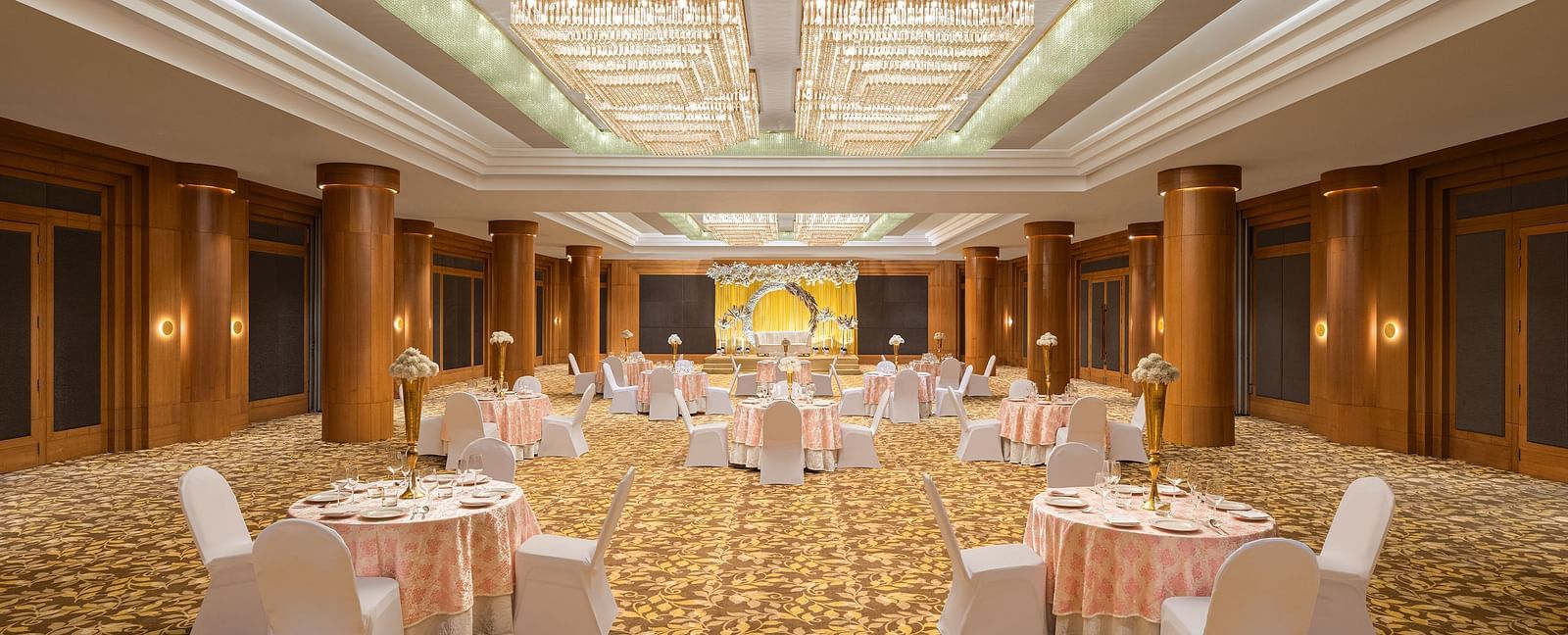 Seating arrangement in Orchid Hall at Essentia Luxury Hotel, Indore
