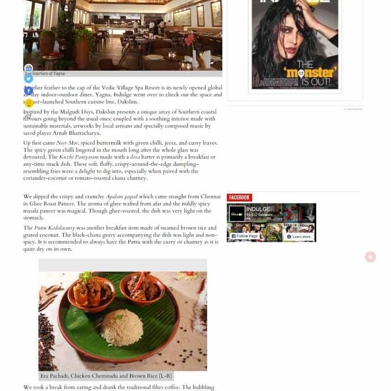 A screenshot featuring Vedic Village Spa Resort in the digital edition of Indulge newspaper.