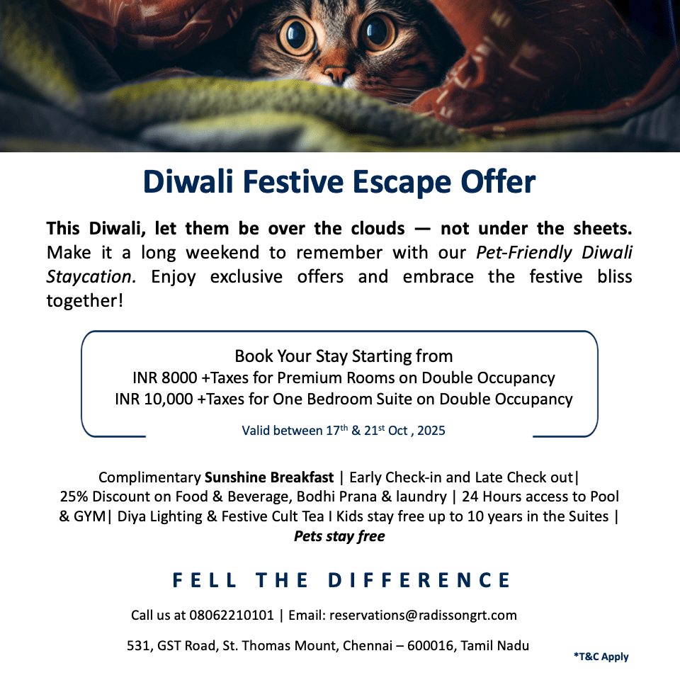 Diwali festive offer at Radisson Blu Chennai – pet-friendly stays, exclusive perks, family deals, and vibrant celebrations.
