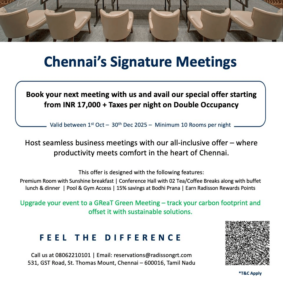 A stylish conference hall at Radisson Blu GRT Chennai with elegant lighting, rows of seating and modern decor showcasing the Chennai’s Signature Meetings offer.