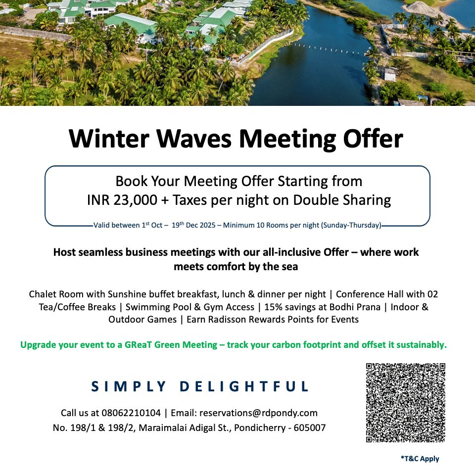 A scenic aerial view of Radisson Resort Pondicherry Bay showing lush greenery, winding waterways and the coastline promoting the Winter Waves meeting offer.