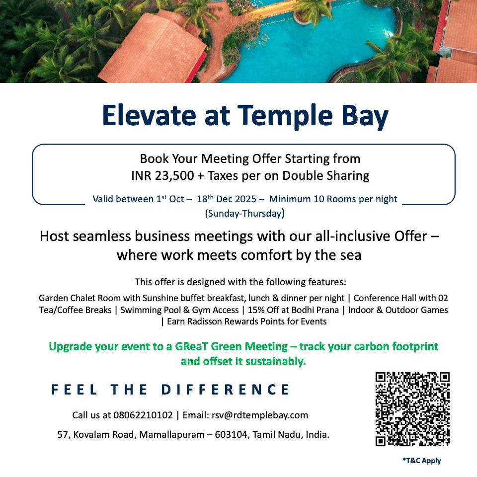 A vibrant aerial view of Radisson Blu Resort Temple Bay with palm trees, large pools and red roof cottages highlighting the Elevate at Temple Bay meeting offer.